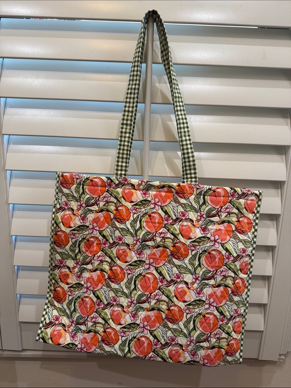Vera Bradley Peach Floral Quilted Tote with Green Gingham Trim - Picture 2 of 5